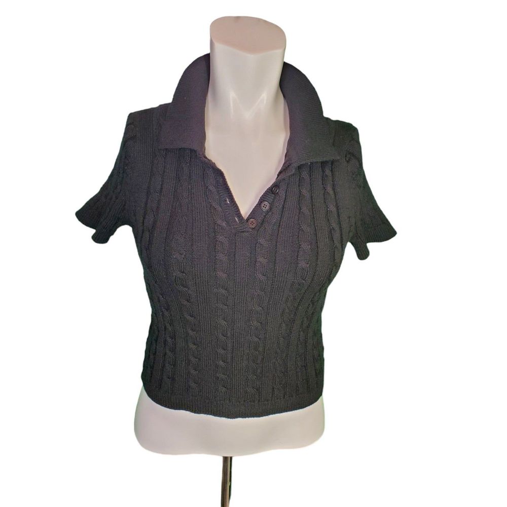 525 America Black Cable Knit Collared Semi Cropped Sweater sz S